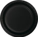 Black disposable paper plate with a ridged rim and slightly recessed center, shown from directly above against a white background.