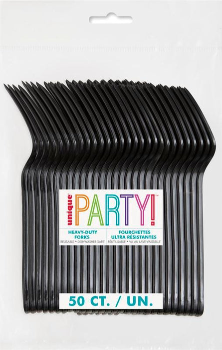 Package of 50 black heavy-duty plastic forks displayed in a fanned arrangement with colorful "Party" branding and text indicating dishwasher safe and reusable on the label.