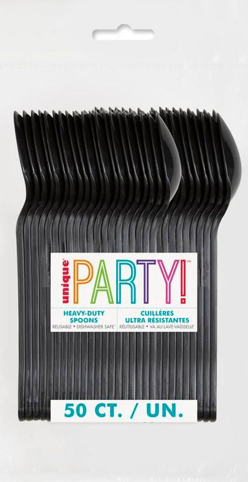 Package of 50 black heavy-duty disposable spoons with colorful "PARTY!" text and bilingual labeling on white packaging against a white background.