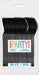Package of 50 black heavy-duty disposable spoons with colorful "PARTY!" text and bilingual labeling on white packaging against a white background.