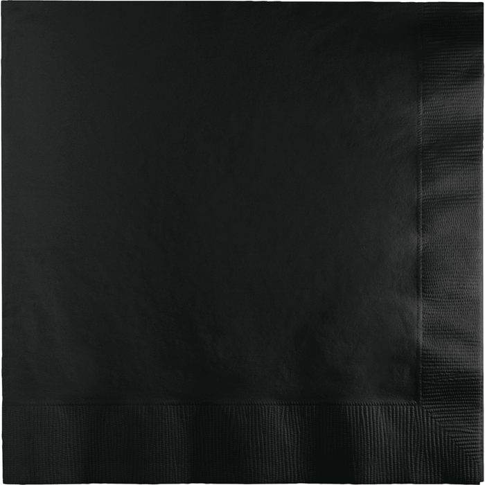 Black paper luncheon napkins with a textured ribbed edge, displayed as a folded stack showing the plain dark surface and decorative border detail.