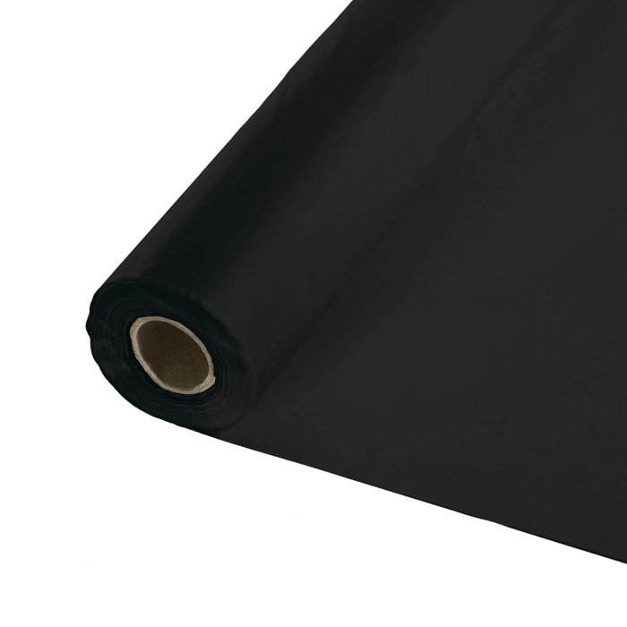 Black plastic tablecover roll with cardboard core, shown unrolled at an angle against white background.