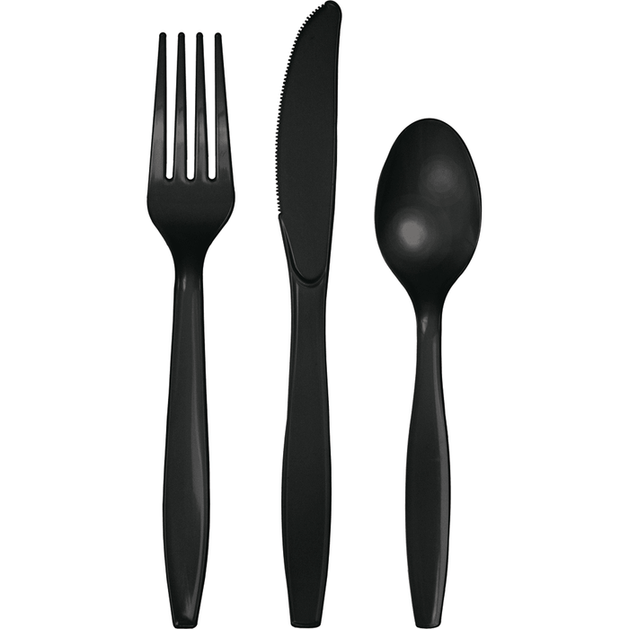 Three black plastic utensils arranged vertically: a fork on the left with four tines, a knife in the middle with a serrated edge, and a spoon on the right with an oval bowl.