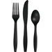 Three black plastic utensils arranged vertically: a fork on the left with four tines, a knife in the middle with a serrated edge, and a spoon on the right with an oval bowl.