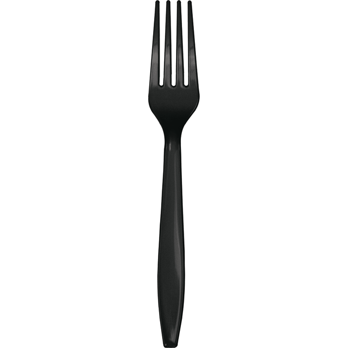 Black plastic fork with four tines and an elongated handle, shown against a white background.