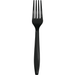 Black plastic fork with four tines and an elongated handle, shown against a white background.