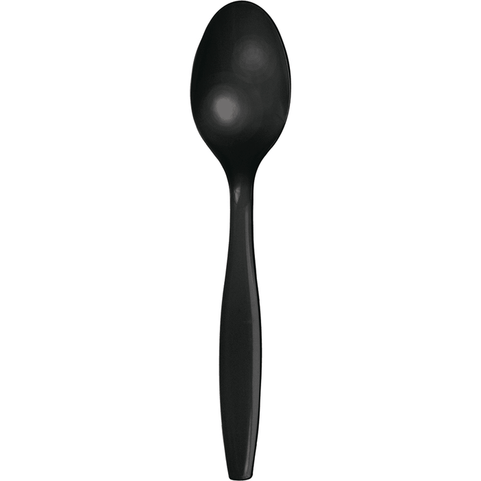 Black plastic spoon with an elongated oval bowl and tapered handle shown against a white background.