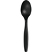 Black plastic spoon with an elongated oval bowl and tapered handle shown against a white background.