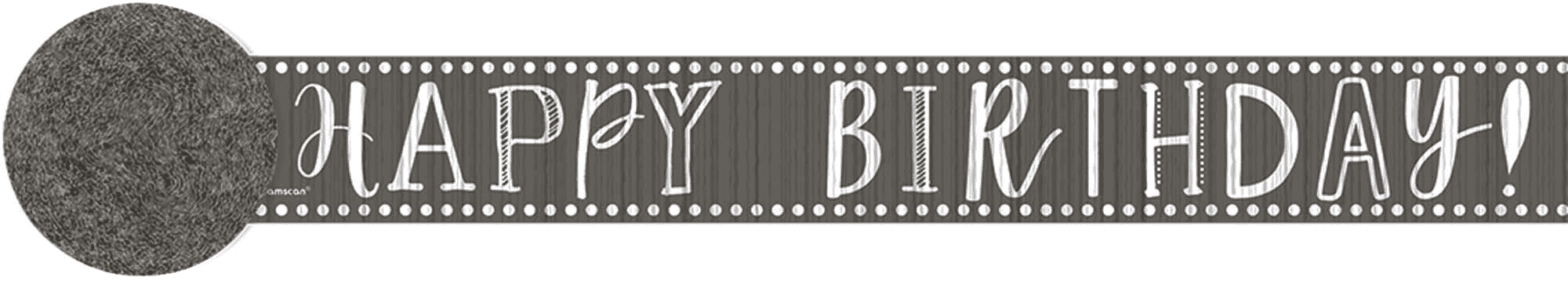 Black and white crepe paper streamer with "Happy Birthday" text and decorative dotted borders, approximately 81 feet long.