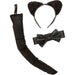 Black cat costume accessory set including fuzzy ear headband, black bow tie, and long black tail with loop attachment.