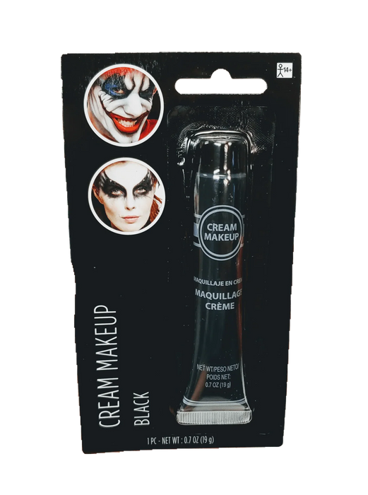 Black cream makeup tube with 0.7 oz net weight displayed on packaging showing theatrical makeup application examples on the left side.