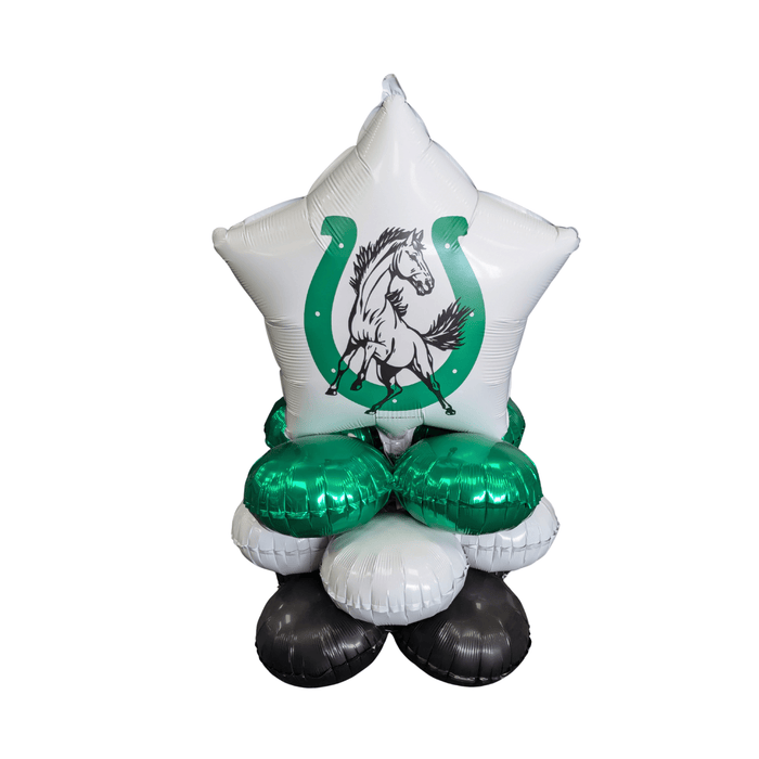 White star-shaped foil balloon with a black horse inside a green horseshoe design, topped with green and white rounded balloons and black balloons at the base.