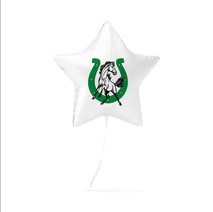 Star-shaped balloon with a horse and horseshoe design on a white background