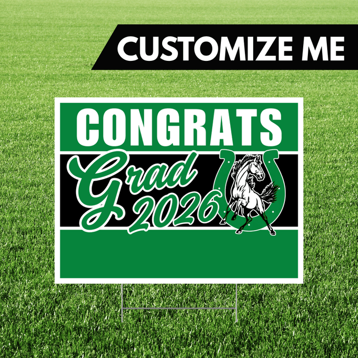 Graduation-themed sign with 'Congrats Grad 2026' on a grass background
