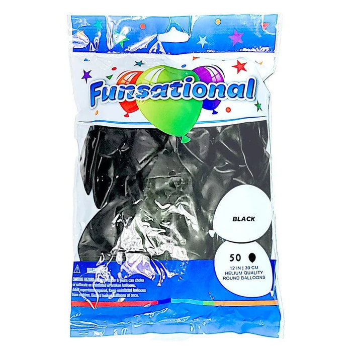Funsational brand package of 50 black helium-quality round balloons, 12 inches, shown in clear plastic bag with colorful header featuring balloons and stars.