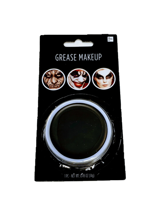 Black grease makeup in a clear plastic jar with white rim on black cardboard packaging labeled "Grease Makeup" and showing three example makeup looks.