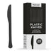 Black heavy duty plastic knife displayed next to its packaging box labeled "Plastic Knives" with "20 per pack" and bilingual text indicating this is a disposable tableware set.
