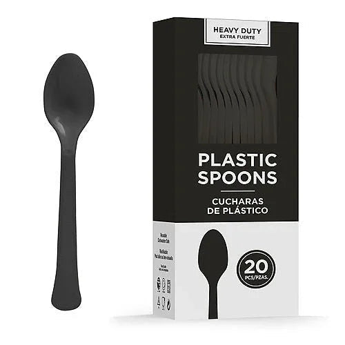 Black plastic spoon displayed next to its packaging box labeled Heavy Duty Extra Rigid Plastic Spoons with bilingual text and a 20 count indicator.