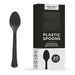 Black plastic spoon displayed next to its packaging box labeled Heavy Duty Extra Rigid Plastic Spoons with bilingual text and a 20 count indicator.