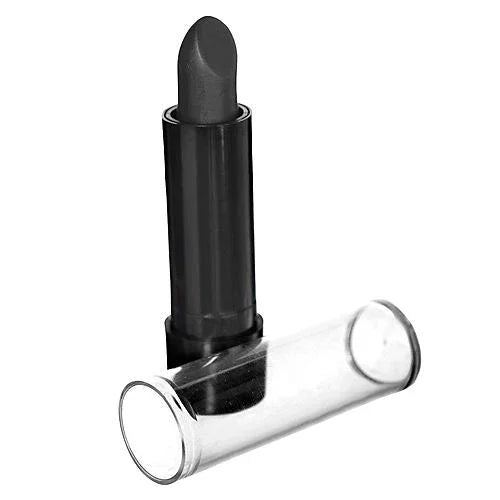 Black lipstick with a bullet tip displayed next to its clear cylindrical tube on a white background.
