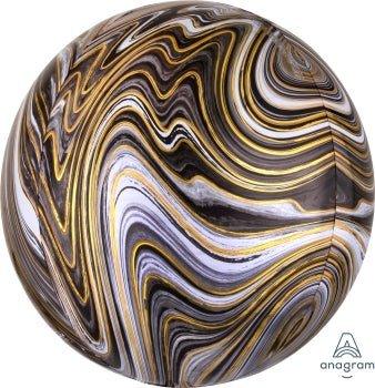 Spherical foil balloon with swirled black, gold, and white marble pattern throughout its surface.