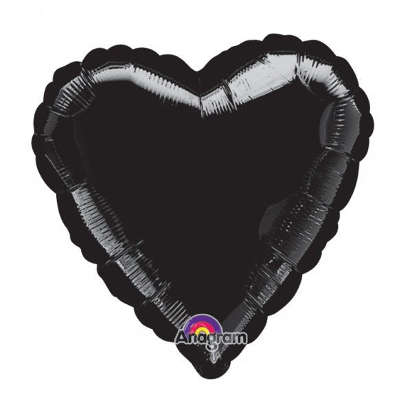 Black heart-shaped mylar balloon with a shiny finish and ruffled edges, featuring the Anagram brand logo at the bottom.