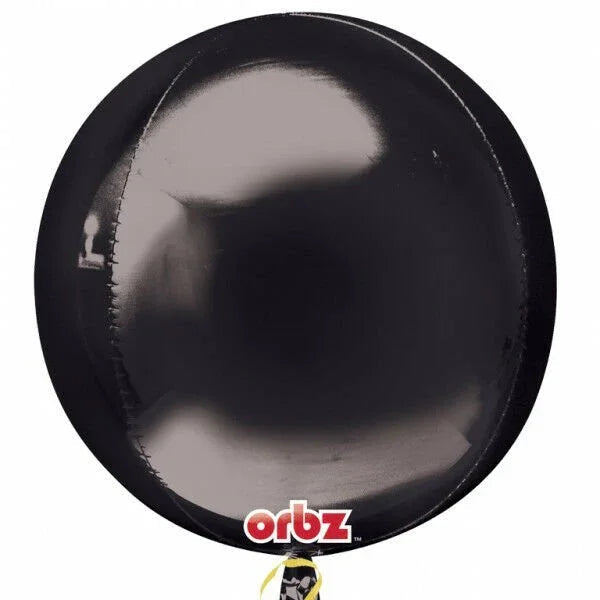 Black sphere-shaped Orbz balloon with reflective metallic finish and red Orbz logo at the bottom.