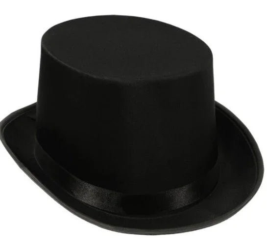 Black satin top hat with a glossy finish and black ribbon band around the base.