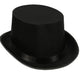 Black satin top hat with a glossy finish and black ribbon band around the base.