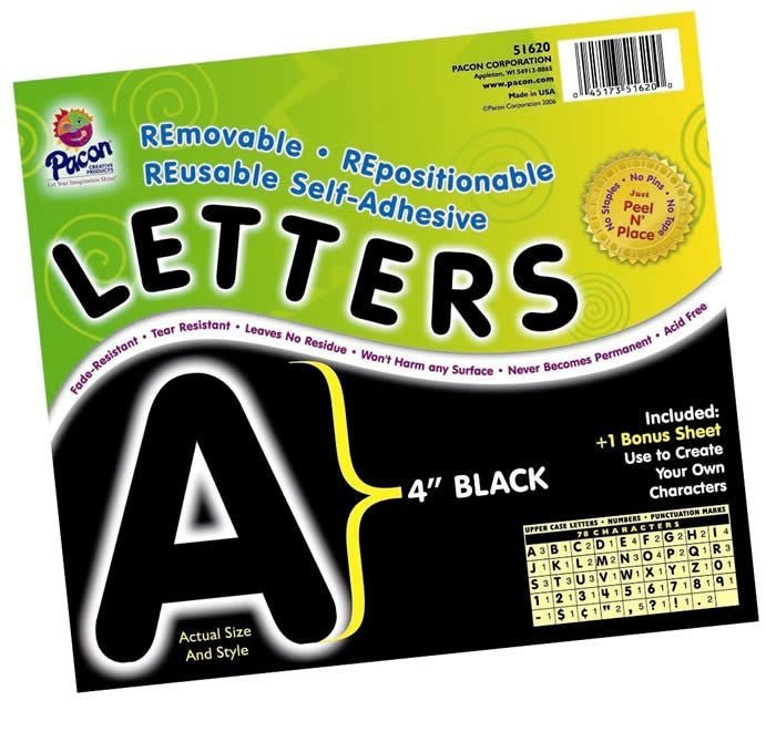 Black self-adhesive letters measuring 4 inches tall displayed on a lime green and yellow package, with a bonus character sheet and sample alphabet grid visible on the right side.