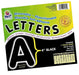 Black self-adhesive letters measuring 4 inches tall displayed on a lime green and yellow package, with a bonus character sheet and sample alphabet grid visible on the right side.