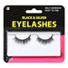 Black and silver self-adhesive false eyelashes in a package displaying two identical pairs with full, dramatic lashes on a white background.