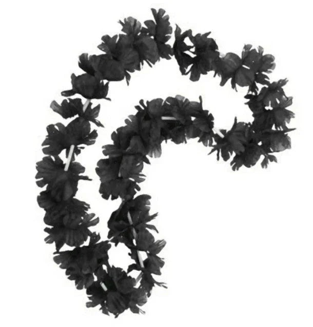 Six black flower leis arranged in a circular display against a white background.