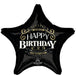 Black star-shaped foil balloon with gold and white "Happy Birthday" text and "Aged to Perfection" banner on a dark background.