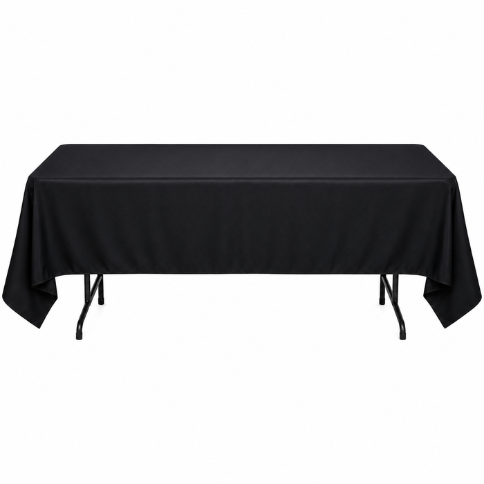 Black rectangular tablecloth draped over a folding table with visible black metal legs on a white background.
