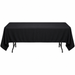 Black rectangular tablecloth draped over a folding table with visible black metal legs on a white background.
