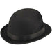 Black felt derby hat with a rounded crown and a dark ribbon band around the base.