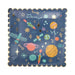 Square paper plates with a scalloped gold border featuring a navy blue background decorated with colorful illustrated planets, rockets, satellites, stars, and celestial objects in gold, yellow, pink, and teal.