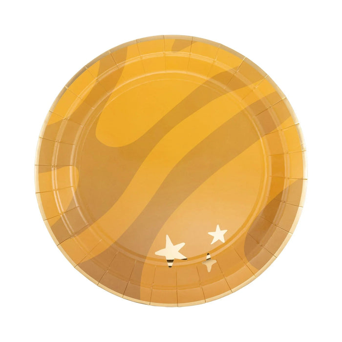 Round yellow paper plate with diagonal stripe design and two white stars in the lower right corner.