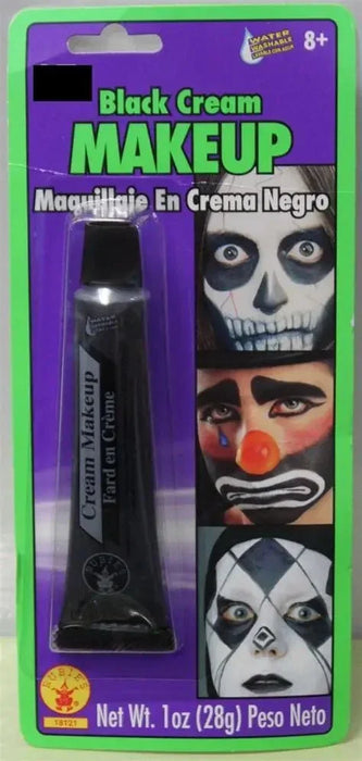 Black cream makeup tube on purple and green packaging with character costume examples displayed on the right side.