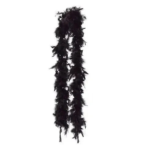 Black feather boa with fluffy plumage arranged vertically against a white background.