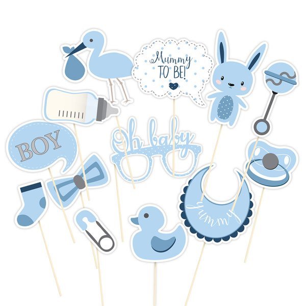 Set of 13 blue baby shower photo booth props on sticks including stork, duck, rattle, bottle, socks, bow tie, bib, pacifier, bunny, and text cutouts reading "Boy," "Oh baby," and "Mummy to be.