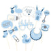 Set of 13 blue baby shower photo booth props on sticks including stork, duck, rattle, bottle, socks, bow tie, bib, pacifier, bunny, and text cutouts reading "Boy," "Oh baby," and "Mummy to be.