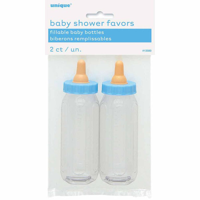 Two clear plastic fillable baby bottles with blue caps and peach-colored nipples displayed on a product card labeled baby shower favors.