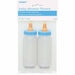 Two clear plastic fillable baby bottles with blue caps and peach-colored nipples displayed on a product card labeled baby shower favors.