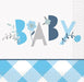 Blue and white napkin featuring the word "BABY" in large letters with floral and leaf designs, displayed with an argyle pattern border at the bottom.