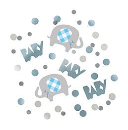 Blue baby elephant confetti featuring gray elephant cutouts with blue gingham ear details, blue “baby” text cutouts, and small round confetti pieces in blue, gray, and white.