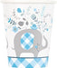 White 9-ounce paper cup featuring a gray elephant with blue argyle diamond pattern, surrounded by blue floral and botanical illustrations, with matching blue argyle design on the lower band.