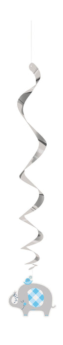 Gray spiral hanging mobile with blue elephant ornament featuring blue argyle pattern at bottom.
