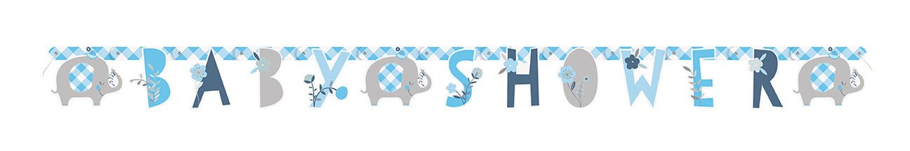 Blue and gray jointed paper banner spelling "BABY SHOWER" with elephant and floral cutout designs, approximately 6 feet long.